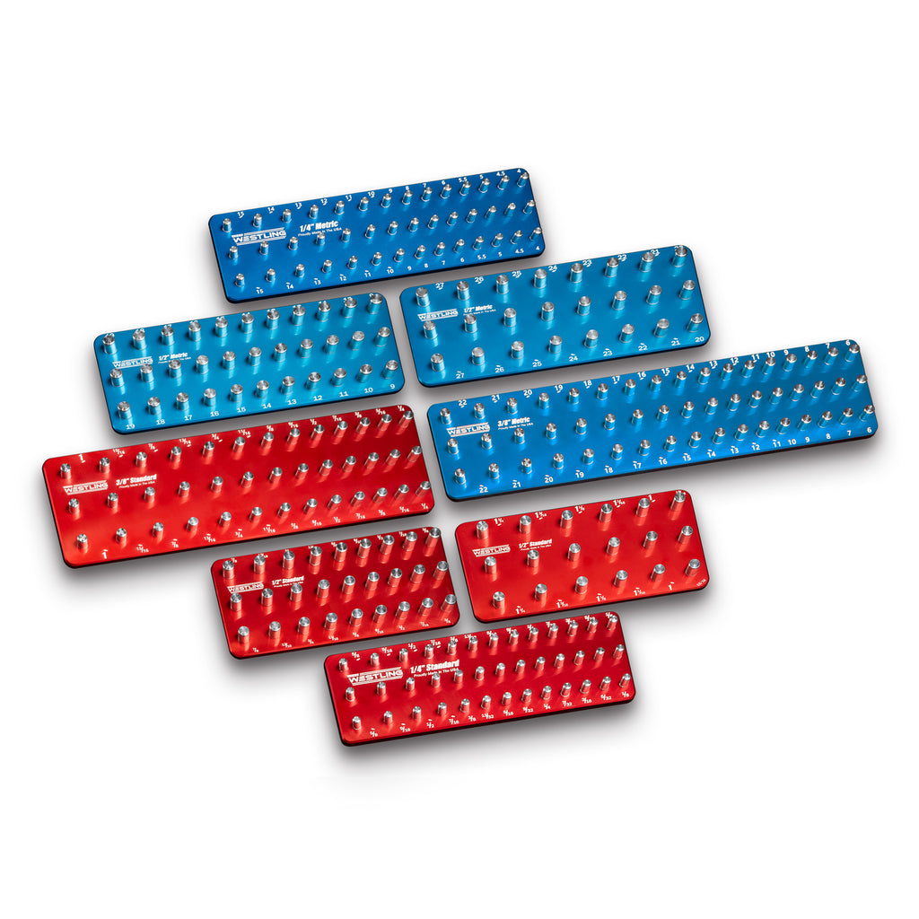 3 Row 8pc Socket Tray/Organizer Set-Socket Trays-Westling USA-Red-Blue-Engraved-Westling Machine