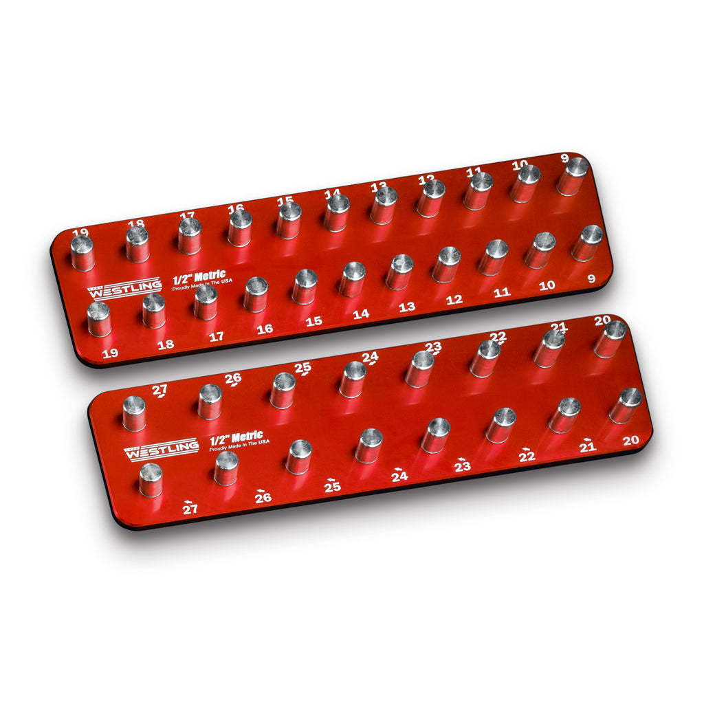 1/2" Metric Tool Holder Set-Socket Trays-Westling USA-Red-2 Row-Engraved-Westling Machine