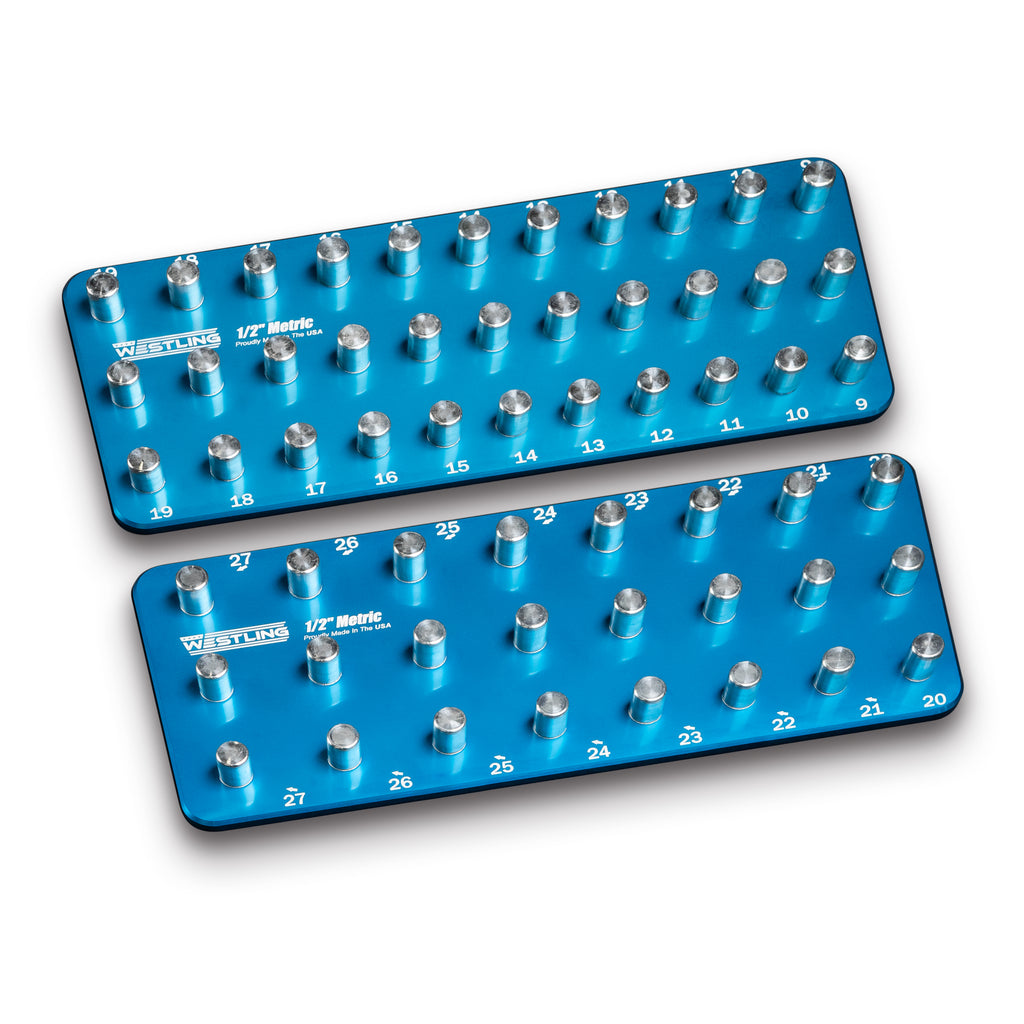 1/2" Metric Tool Holder Set-Socket Trays-Westling USA-Blue-3 Row-Engraved-Westling Machine