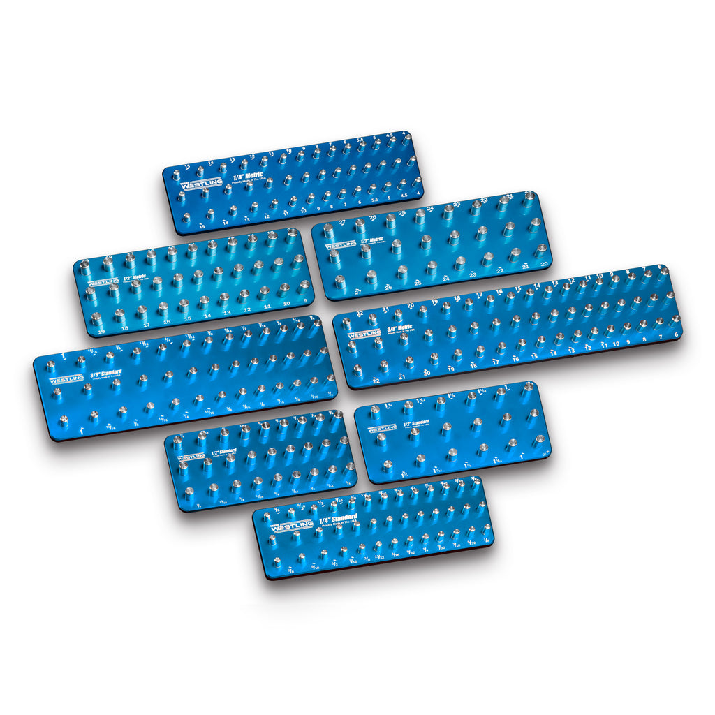 3 Row 8pc Socket Tray/Organizer Set-Socket Trays-Westling USA-Blue-Blue-Engraved-Westling Machine