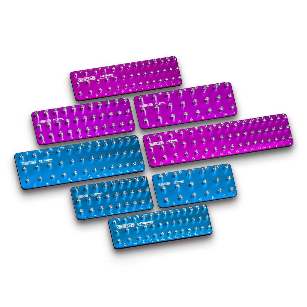 3 Row 8pc Socket Tray/Organizer Set-Socket Trays-Westling USA-Blue-Purple-Engraved-Westling Machine