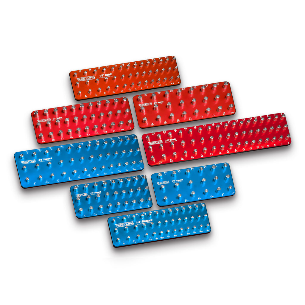 3 Row 8pc Socket Tray/Organizer Set-Socket Trays-Westling USA-Blue-Red-Engraved-Westling Machine