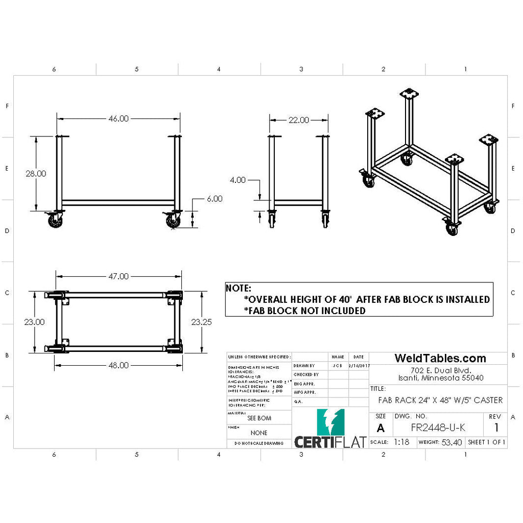 Certiflat 24"X48" FabRack with Casters for FabBlock and Mini-FabBlock-fabRack-WeldTables.com-Westling Machine