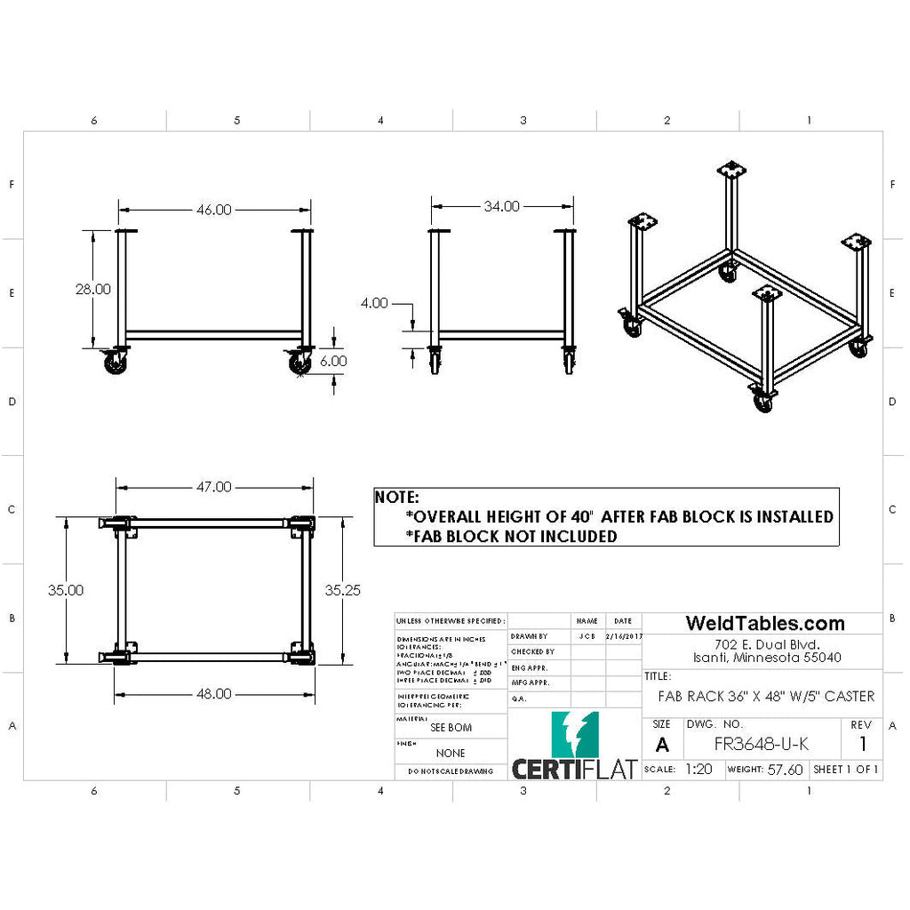 Certiflat 36"X48" FabRack with Casters for FabBlock and Mini-FabBlock-fabRack-WeldTables.com-Westling Machine