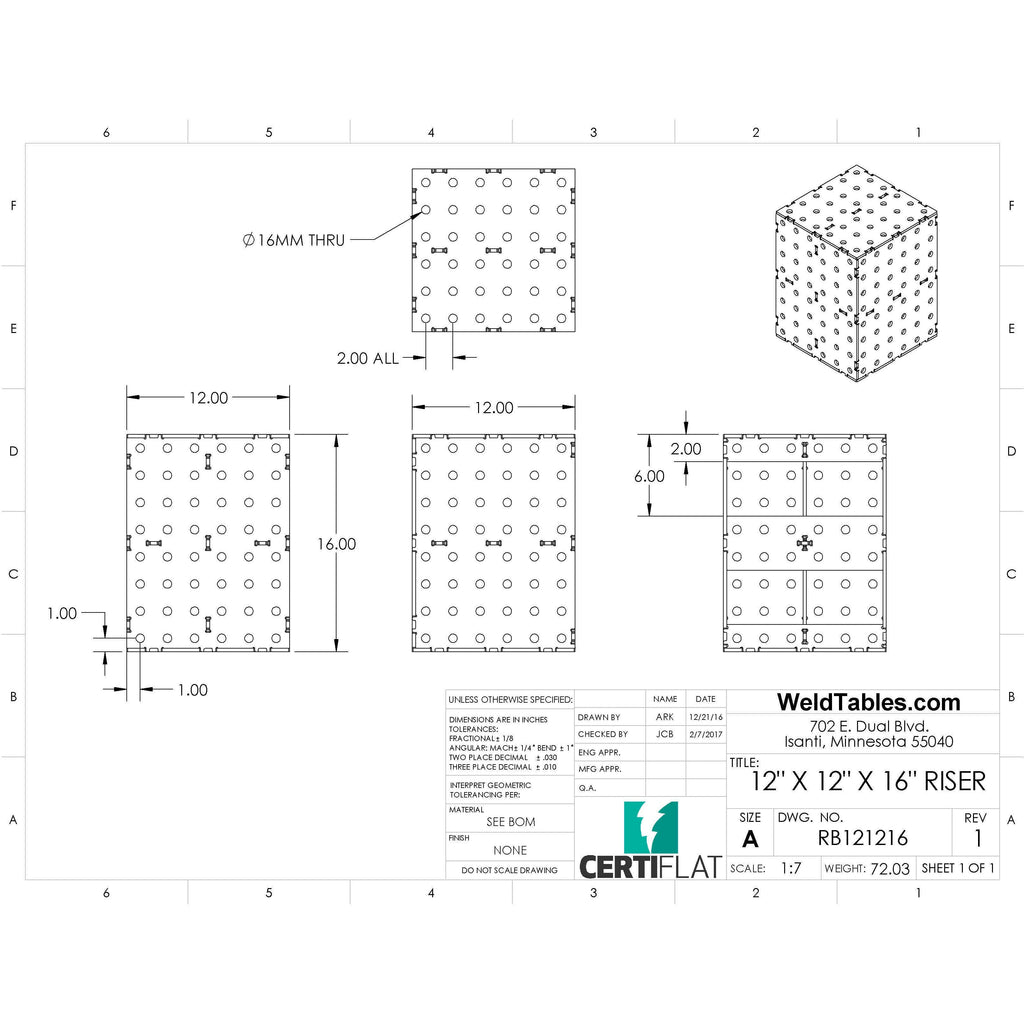 CertiFlat 12"x12"x16" Riser Block-Accessories-WeldTables.com-Westling Machine