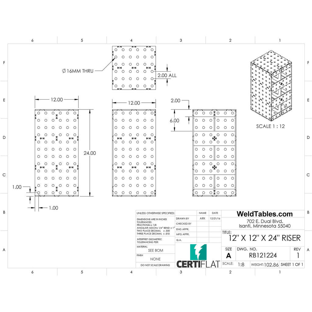 CertiFlat 12"x12"x24" Riser Block-Accessories-WeldTables.com-Westling Machine