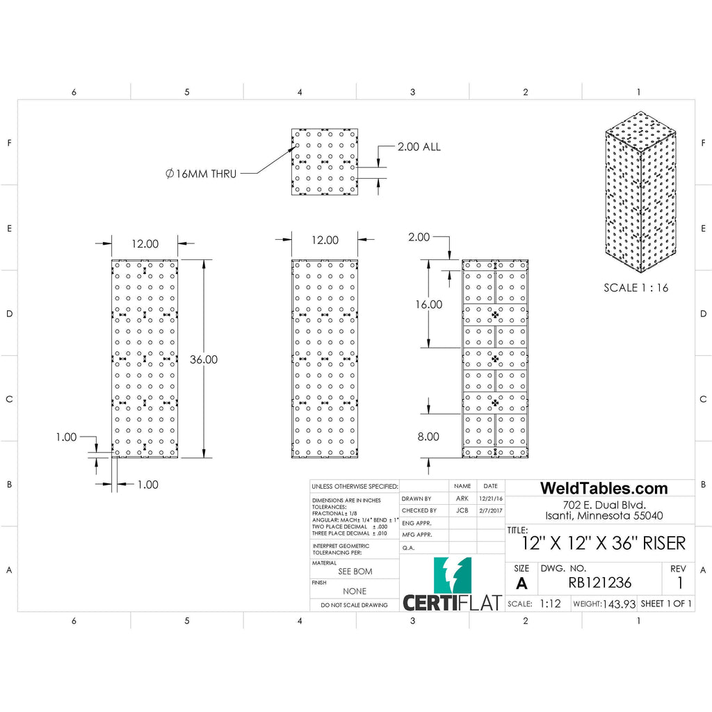 CertiFlat 12"x12"x36" Riser Block-Accessories-WeldTables.com-Westling Machine