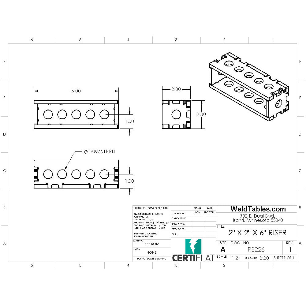 CertiFlat 2"x2"x6" Riser Block-Accessories-WeldTables.com-Westling Machine