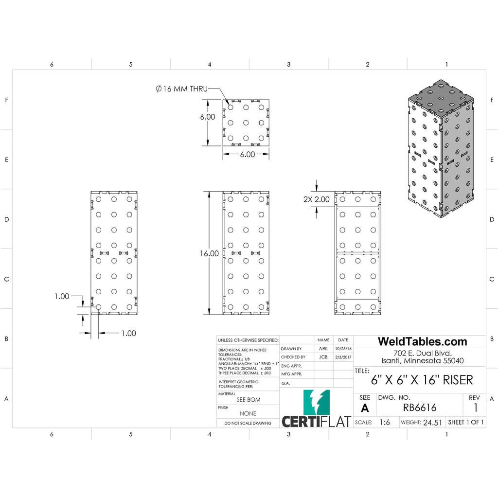 CertiFlat 6"x6"x16" Riser Block-Accessories-WeldTables.com-Westling Machine