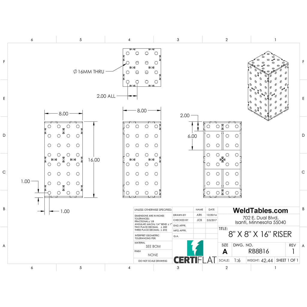 CertiFlat 8"x8"x16" Riser Block-Accessories-WeldTables.com-Westling Machine